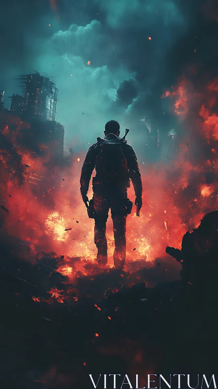 Solitary soldier advances through incendiary urban ruins