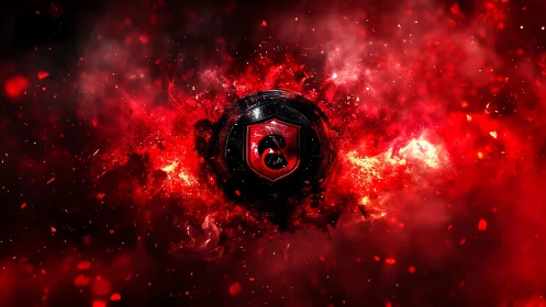 Radial inferno shield emblem with central black core detonation.