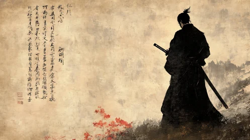 Samurai silhouette rendered in textured ink wash with calligraphy