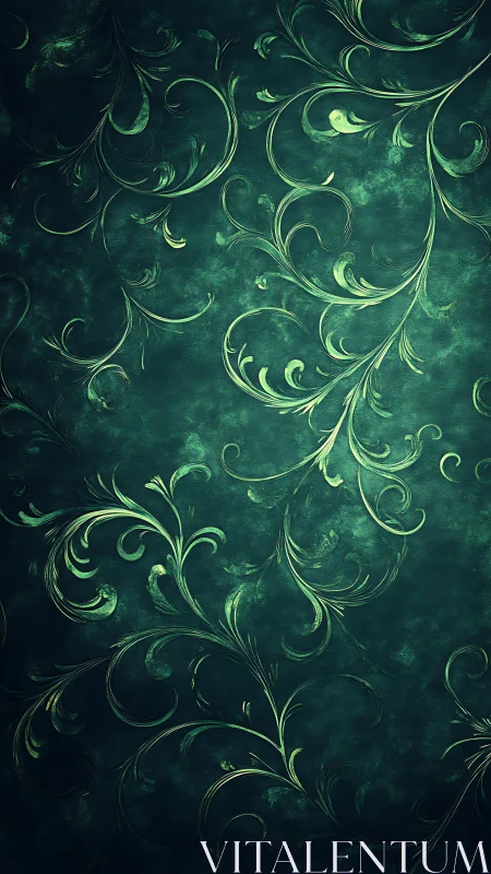 Ornate emerald vine arabesque with luminous scrollwork pattern.