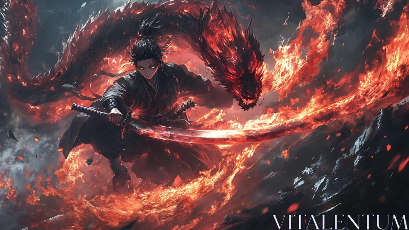 Samurai warrior with flaming dragon and sword in battle.