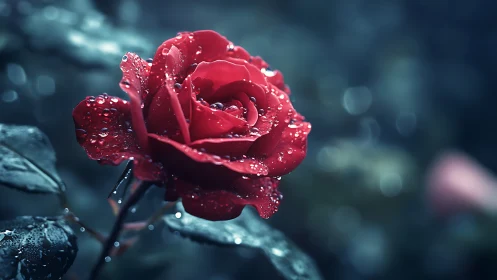 Rain-Kissed Crimson Rose: Macro Study with Bokeh Depth.