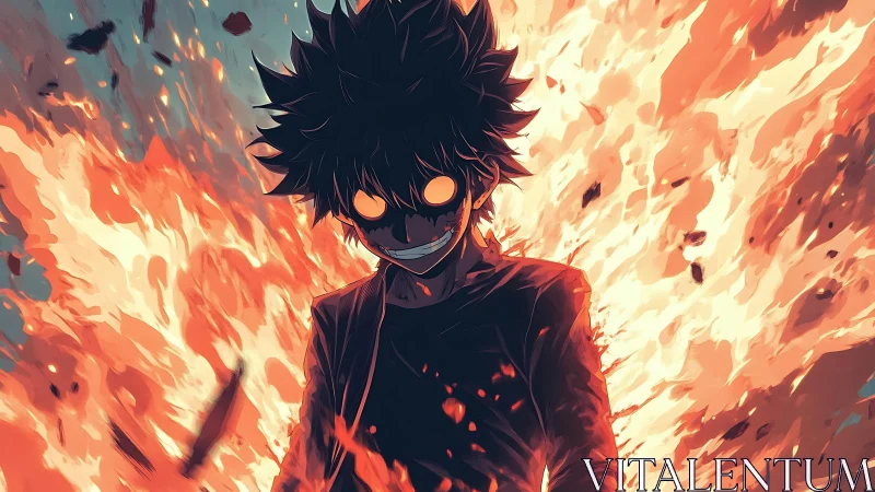 Silhouetted anime figure surrounded by intense orange flames.