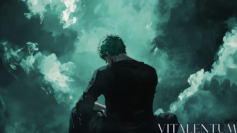 Solitary anime figure amid stormy teal cloud abyss.