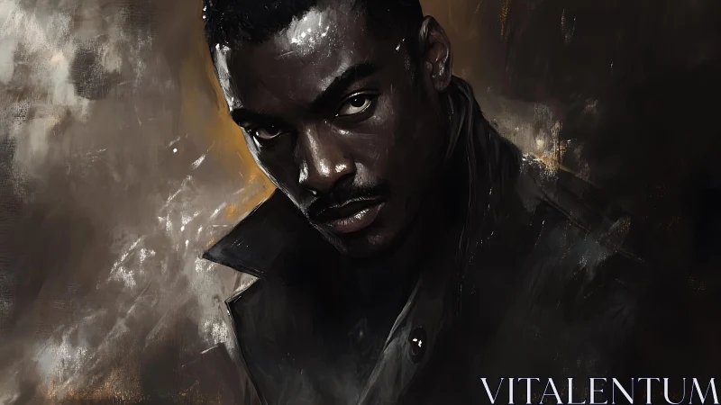Moody digital portrait of man in dark leather coat.