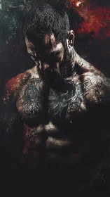 Tattooed muscular figure in high-contrast digital chiaroscuro.