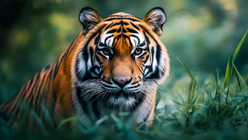 Solitary tiger in dense green foliage, frontal close-up view.