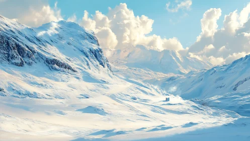 Sunlit alpine snow basin with distant solitary tower.