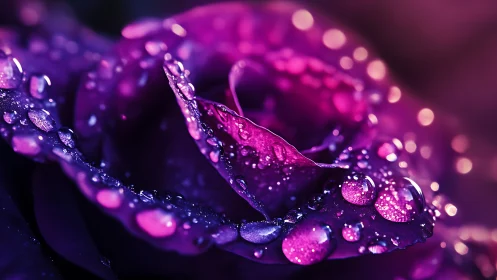 Macro water droplets on curved surface with vibrant purple pink lighting