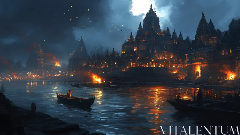 River of embers and temple lights under a moody night sky.