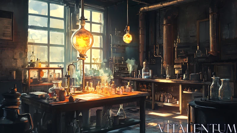 Vintage alchemy lab glows under golden industrial light.