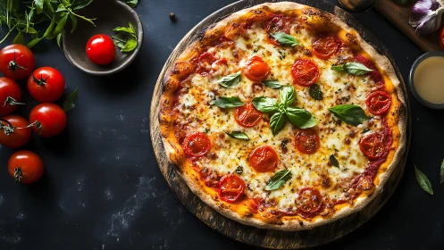Golden margherita pizza with bright tomatoes and basil leaves.