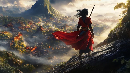 Solitary robed figure overlooking expansive mountain cityscape.