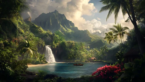 Tropical Mountain Valley with Waterfall and Boat