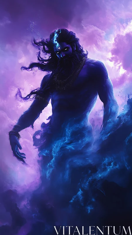 Cosmic blue deity dissolving into nebular violet storm