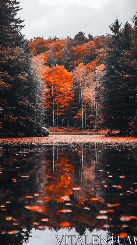 Autumn deciduous trees reflected in calm forest lake surface.