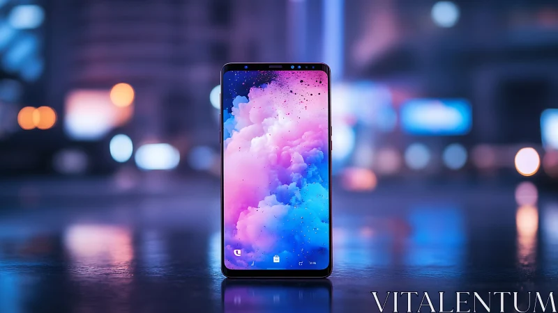 Gradient display phone against blurred cityscape backdrop.