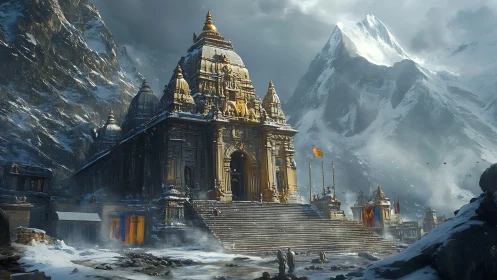 Snow crowned mountain temple welcomes visitors in golden light