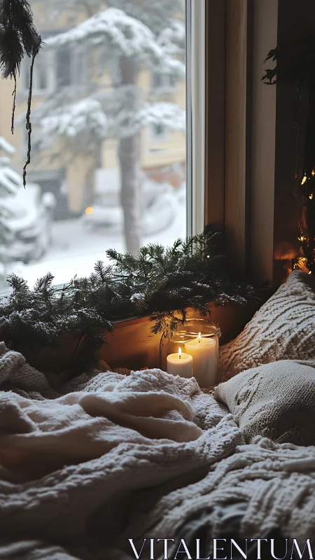 Winter window seat with candles and textured blankets.
