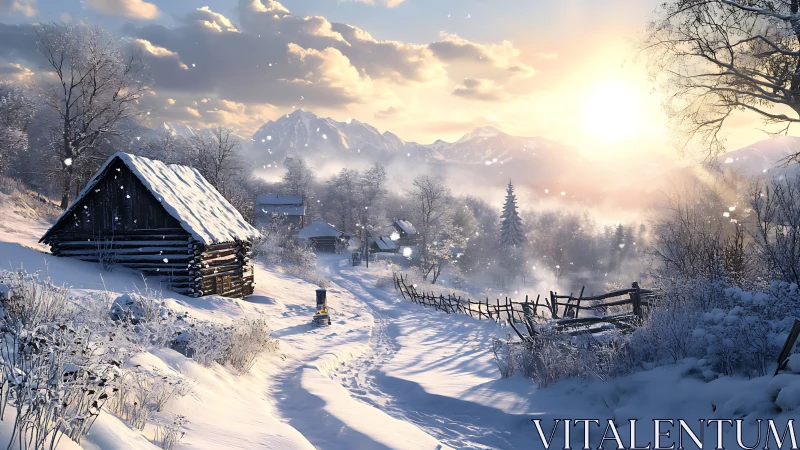 Sunlit winter cabin along a quiet snowy country lane.