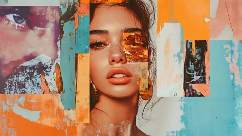 Layered portrait collage with bold cyan and orange blocks.