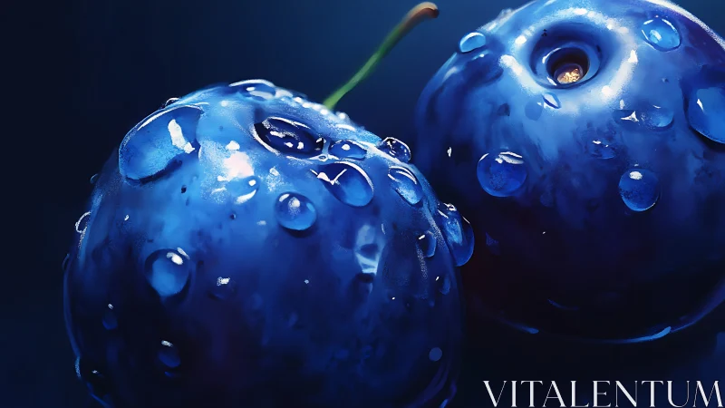 Glistening blueberries glow softly under deep blue light