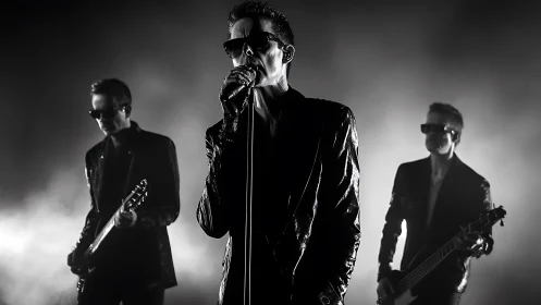 Rock trio performs in monochrome backlight with sleek leather.