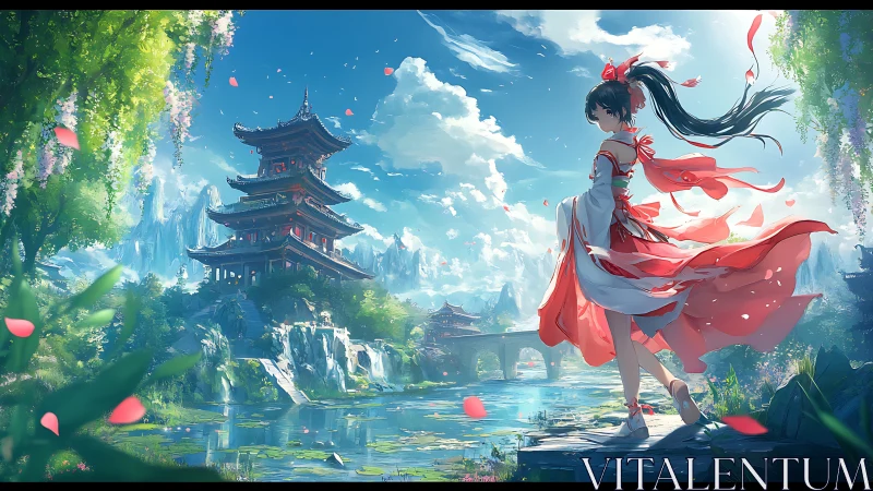 Anime girl by river facing tiered pagoda in spring breeze.