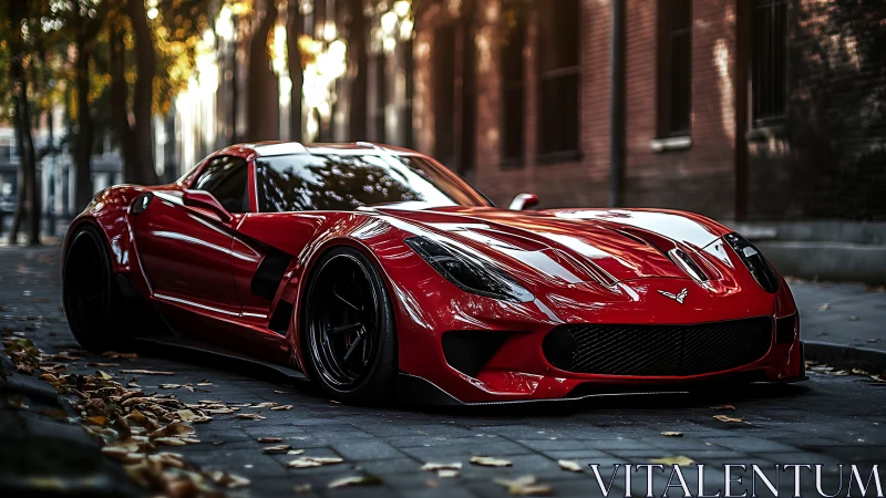 Crimson supercar prowls a leaf-strewn cityside boulevard.