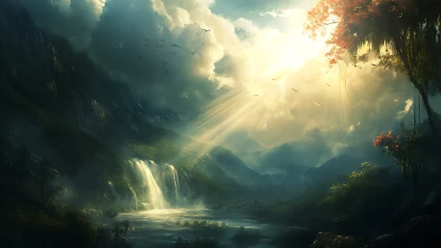 Sunlit waterfalls pour into a tranquil misty valley sanctuary