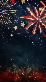 Patriotic fireworks and stars on textured night sky background.