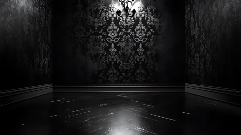 Specular-lit baroque wallpapered corner with reflective floor.