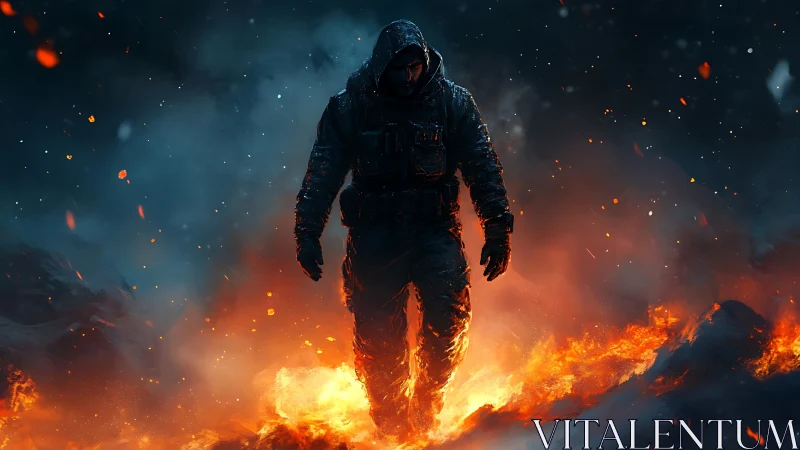Lone hooded warrior strides through blazing inferno at night