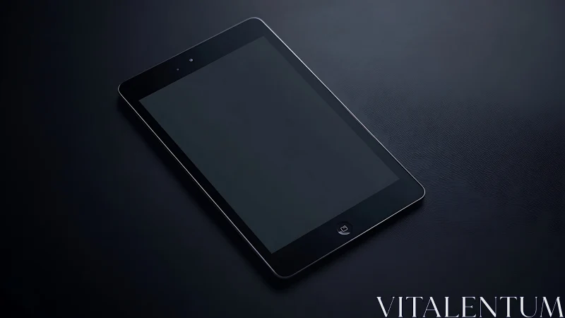 Black tablet device angled on dark surface with screen off.
