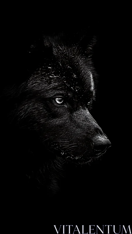 Midnight wolf profile carved from silver-edged darkness.