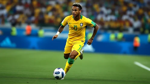Dynamic mid-stride footballer dribbling on pro stadium turf