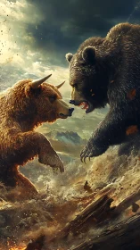 Bull and bear clash in stormy, dynamic wilderness scene.