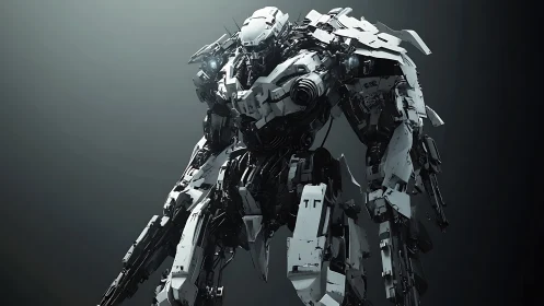 Heavily armored white combat mech in moody lighting.
