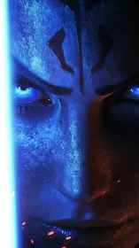 Cyber warrior face split by blue light and embers.