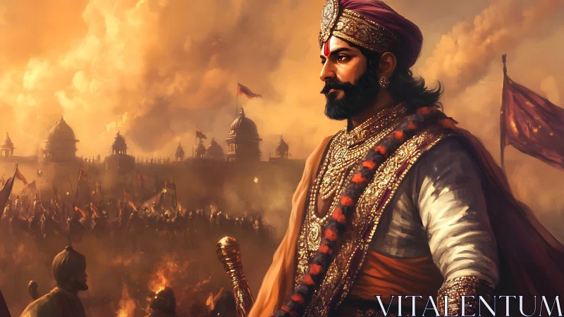 Warrior king stands before fortress as army advances