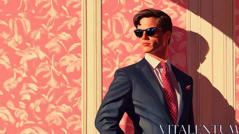 Man in suit with sunglasses against pink patterned wall.