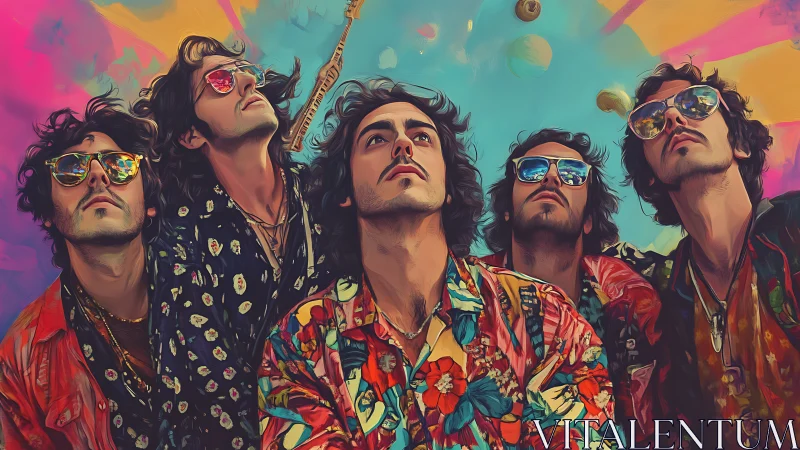 Digital painting portrait of psychedelic mirrored band lineup.