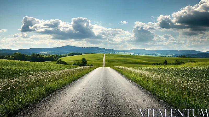 Straight rural asphalt road extends through green agricultural fields