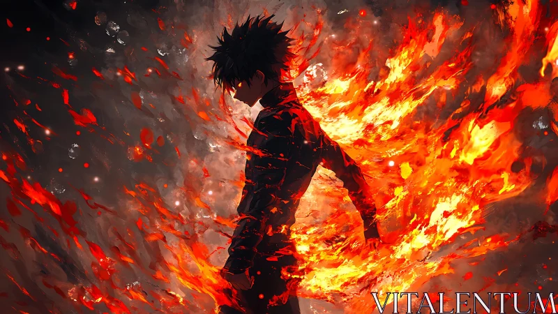 Silhouetted fire wielder amid erupting infernal vortex.