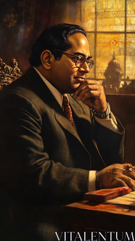 Formal portrait of seated man at desk in warm interior.