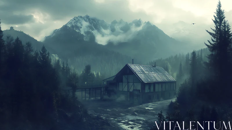 Mist-drenched mountain lodge brooding at the forest’s edge.