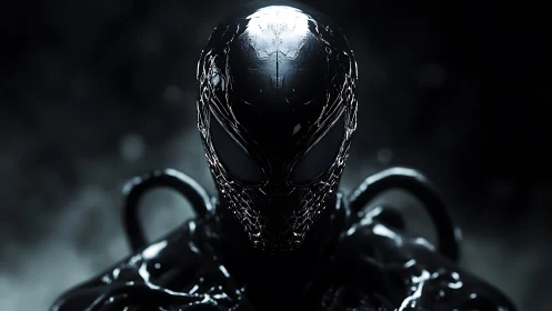 Rendered black glossy humanoid figure faces forward in shadow