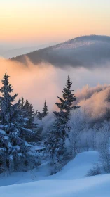Snow-soft pines beneath a peach dawn veil of drifting mist.