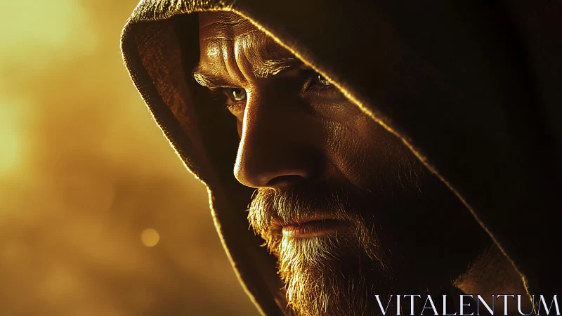 Hooded bearded man stares into warm golden light in silence.