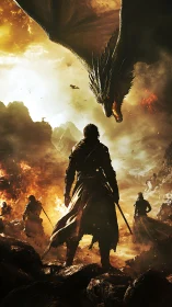 Lone warrior confronts fire-breathing dragon above burning valley.